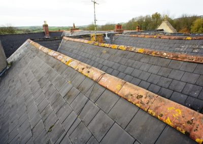 Different pitched roof sections over the building separated by a number of valley gutters.